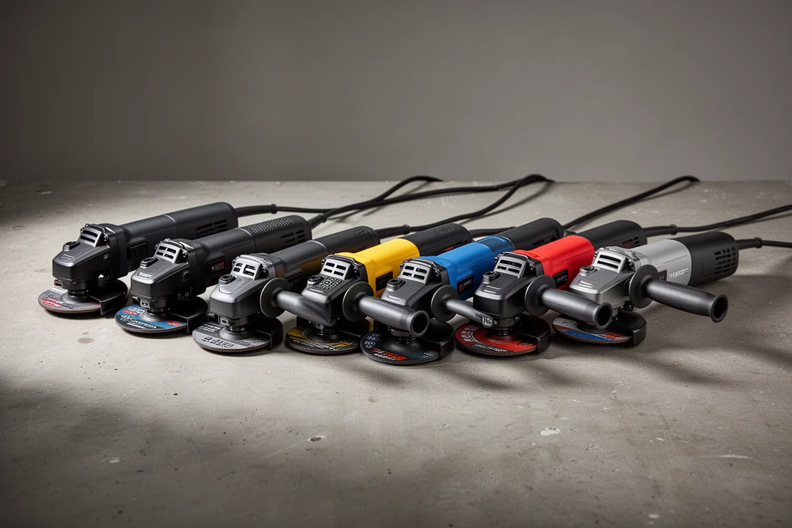 Lineup of eleven corded angle grinders on a concrete workshop surface