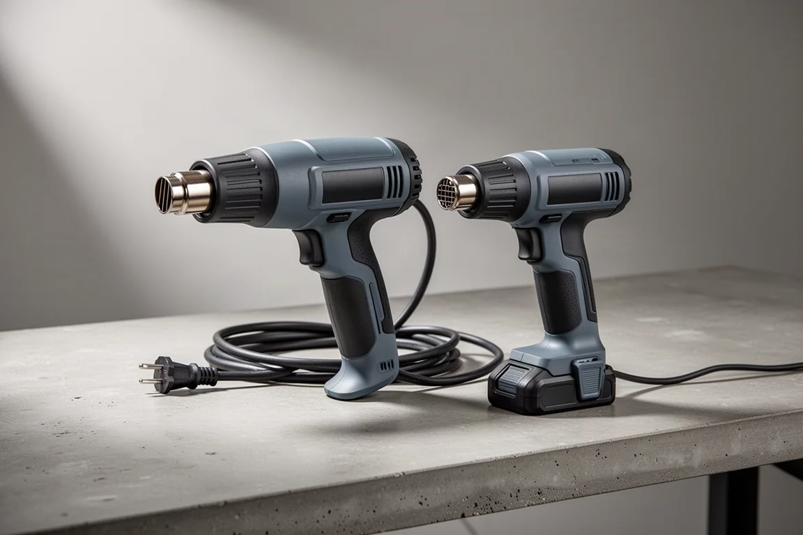 A corded heat gun and a cordless heat gun with battery pack on a concrete workbench