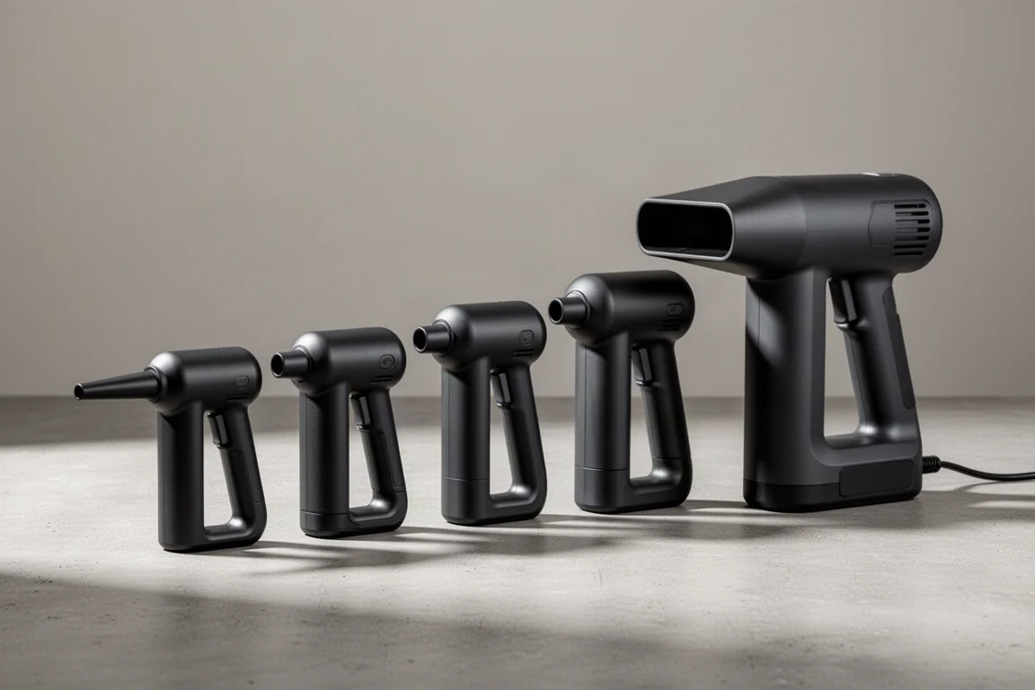 Lineup of six handheld cordless air dusters and one corded blower on a concrete surface