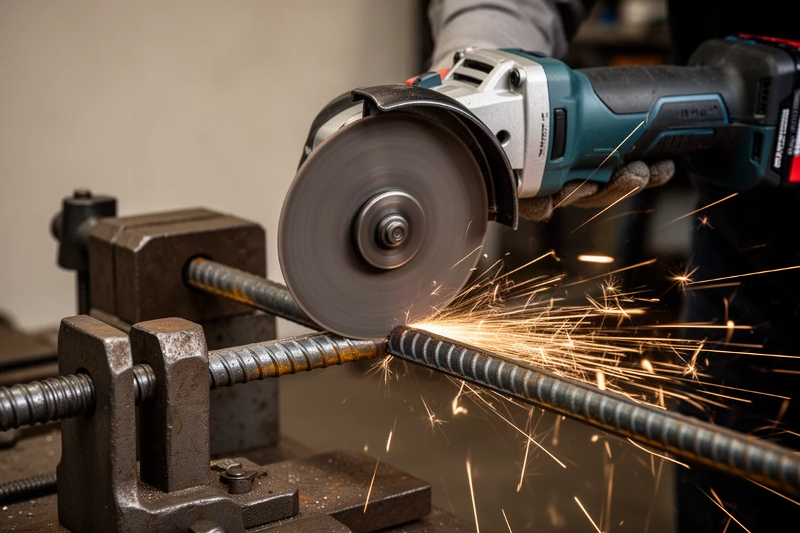 Cordless angle grinder cutting through metal rebar with sparks flying