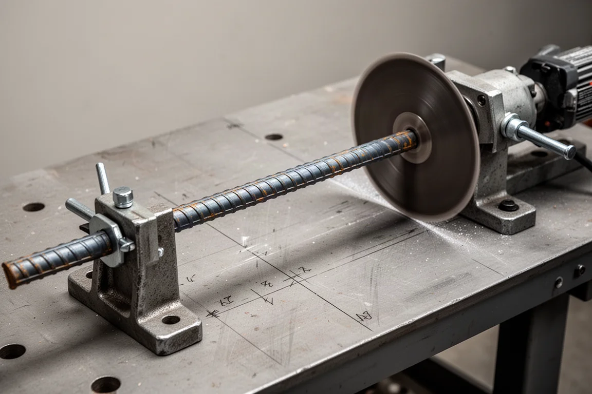 Half-inch steel rebar clamped securely in a metal cutting test fixture