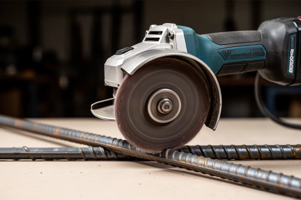Angle grinder under heavy pressure on rebar during a torque test