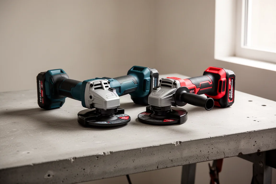 Two cordless angle grinders side by side on a concrete workbench