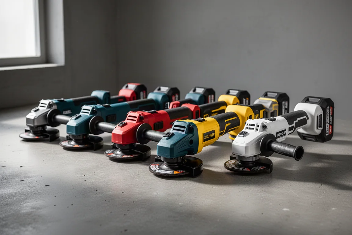 Ten cordless angle grinders lined up on a concrete workshop surface