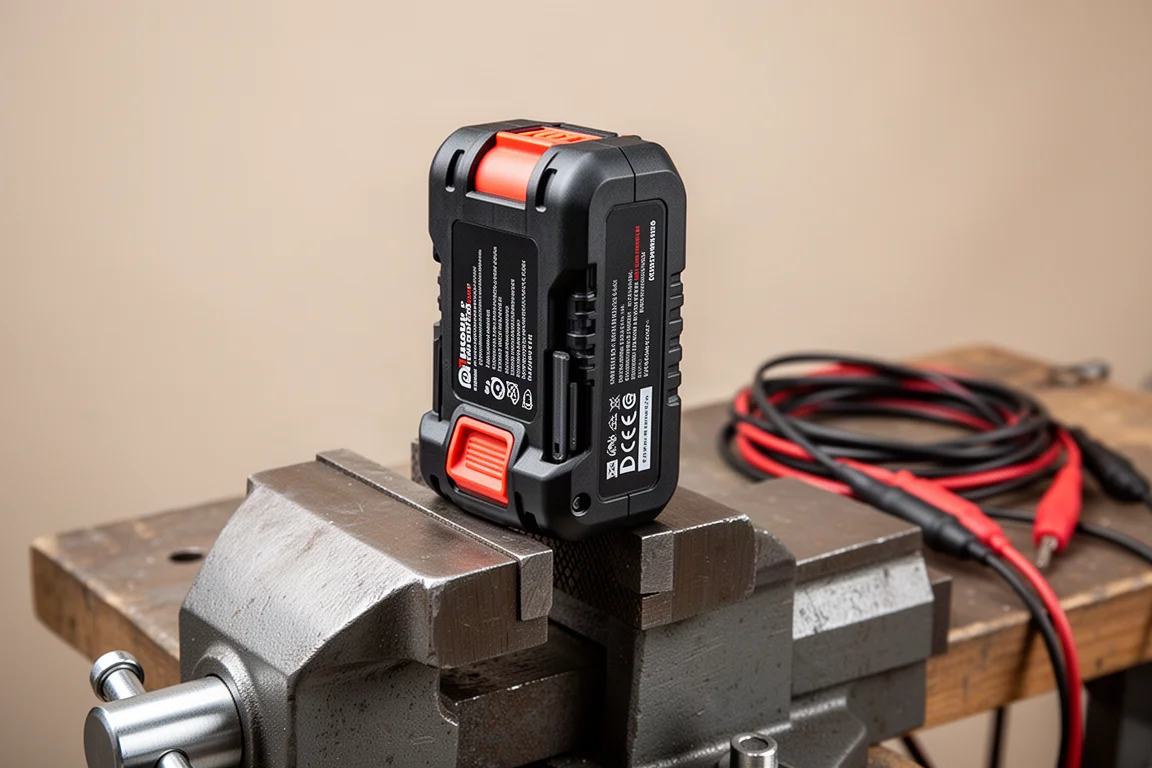 Batteria di grandi dimensioni bloccata in una morsa da banco durante i test