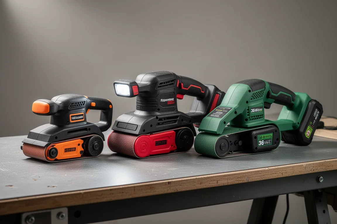 Three cordless belt sanders side by side on a workshop bench