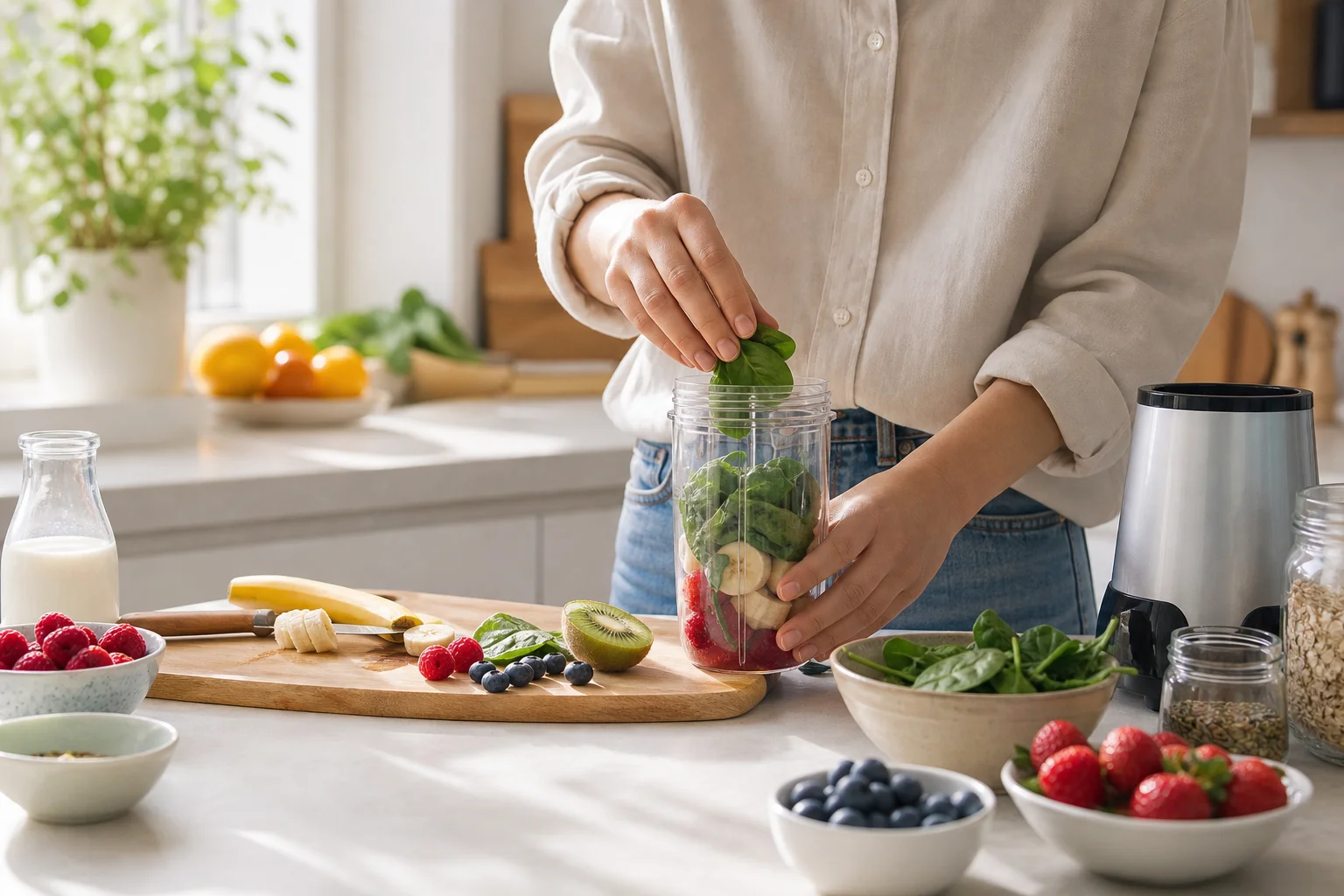 Person preparing smoothie in modern kitchen with morning sunlight