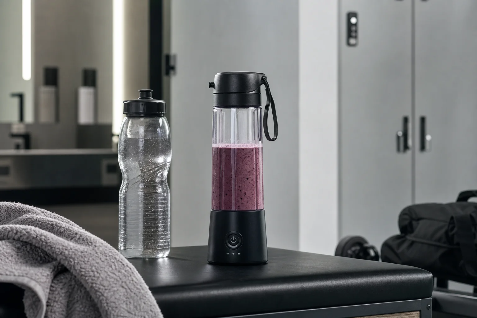 Cordless blender at gym with water bottle and fitness accessories