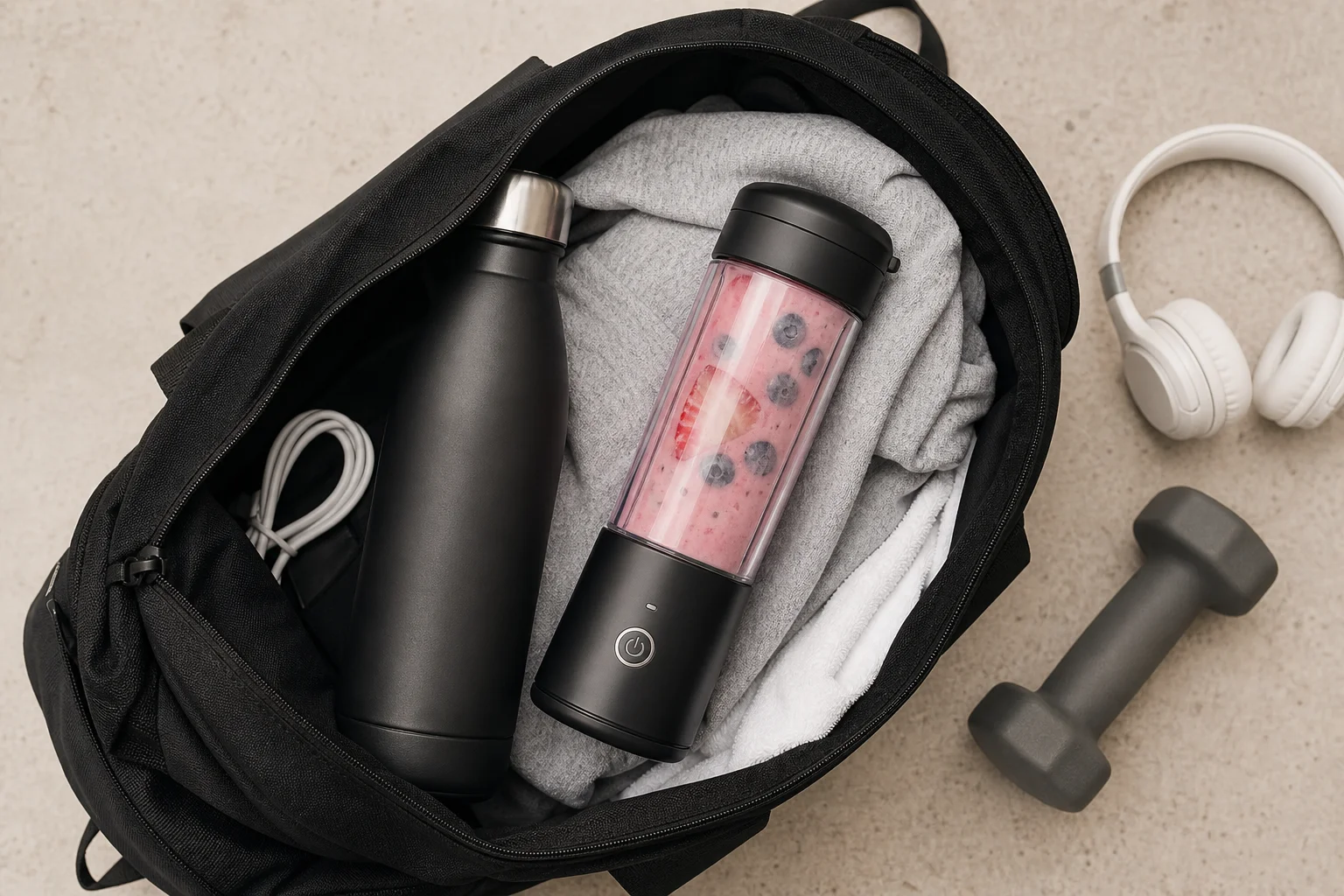 Cordless blender packed in gym bag ready for travel