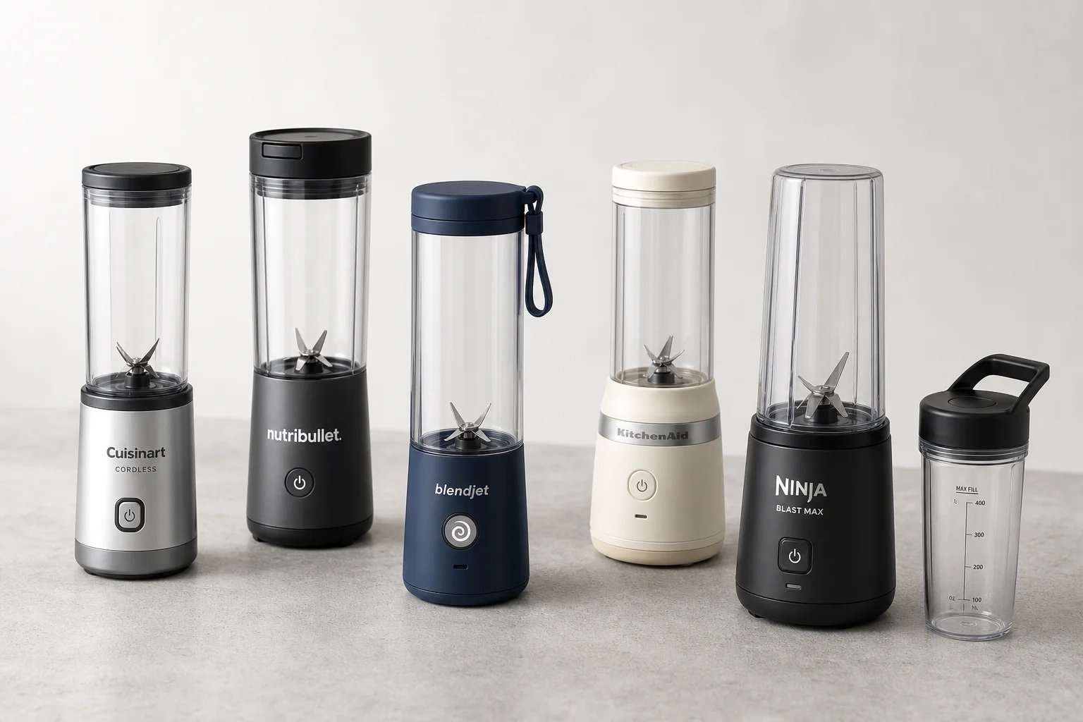 Five cordless blenders arranged on grey concrete surface