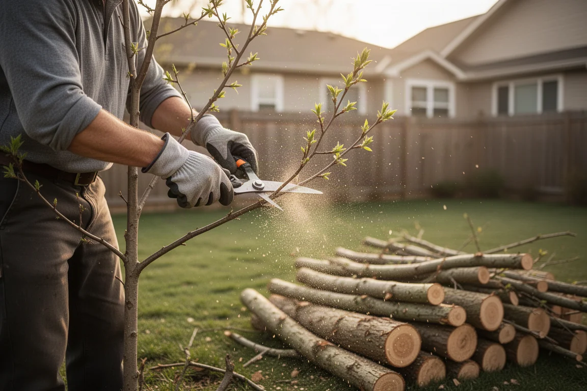 Un proprietario di casa pota piccoli rami di un albero in un giardino residenziale con una motosega compatta