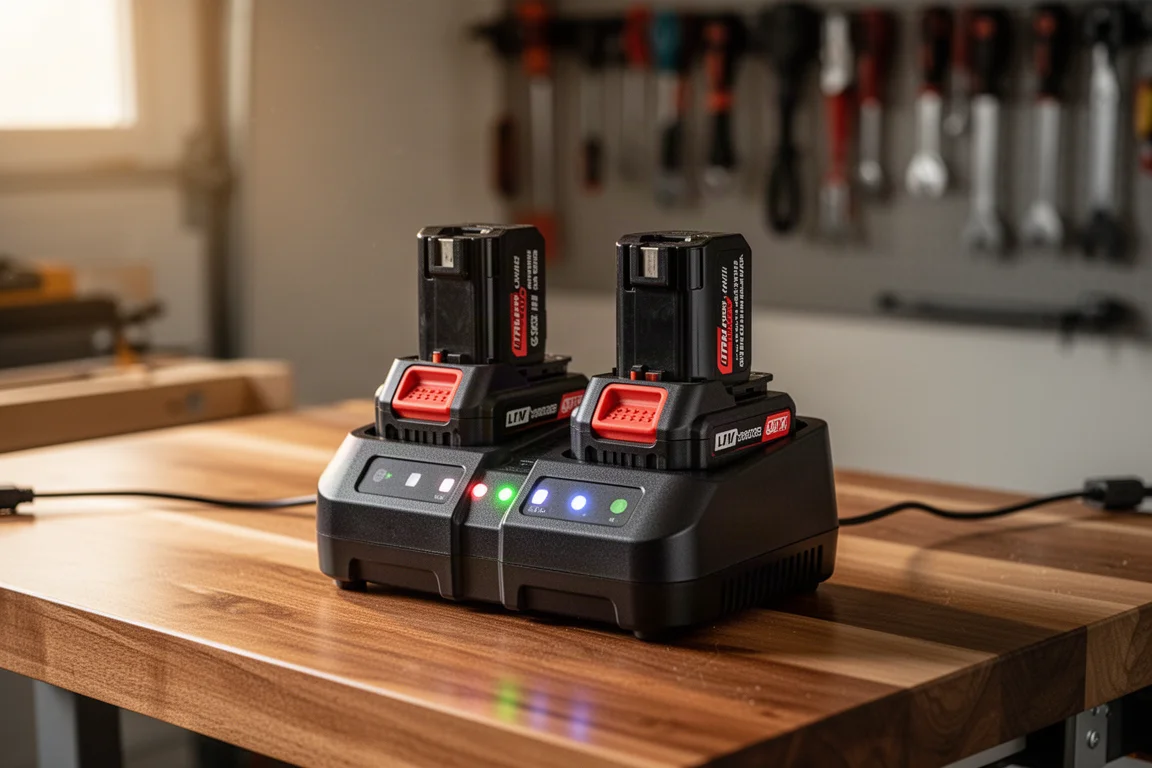 Batterie appoggiate su un caricabatterie in un'officina di garage