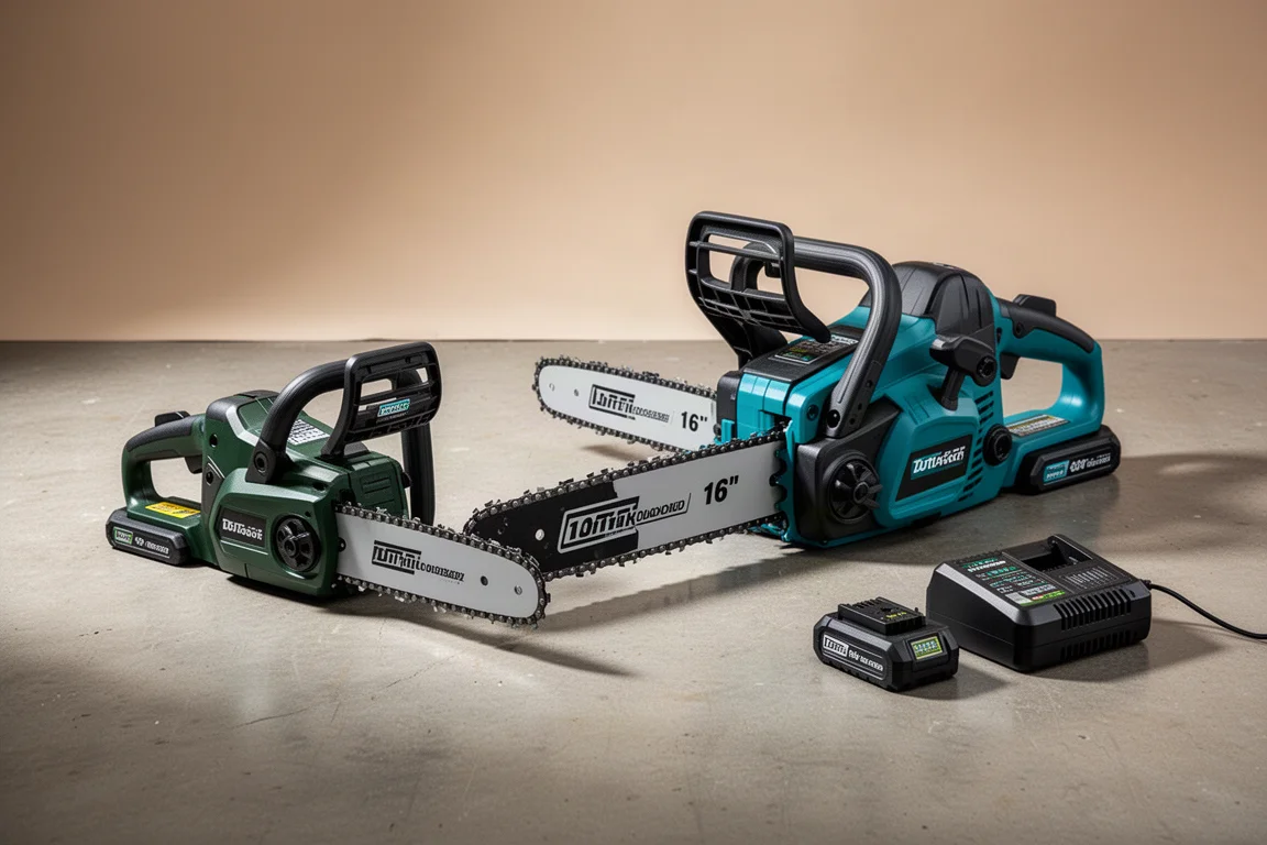 Two cordless chainsaws side by side on a concrete workshop floor with batteries and charger