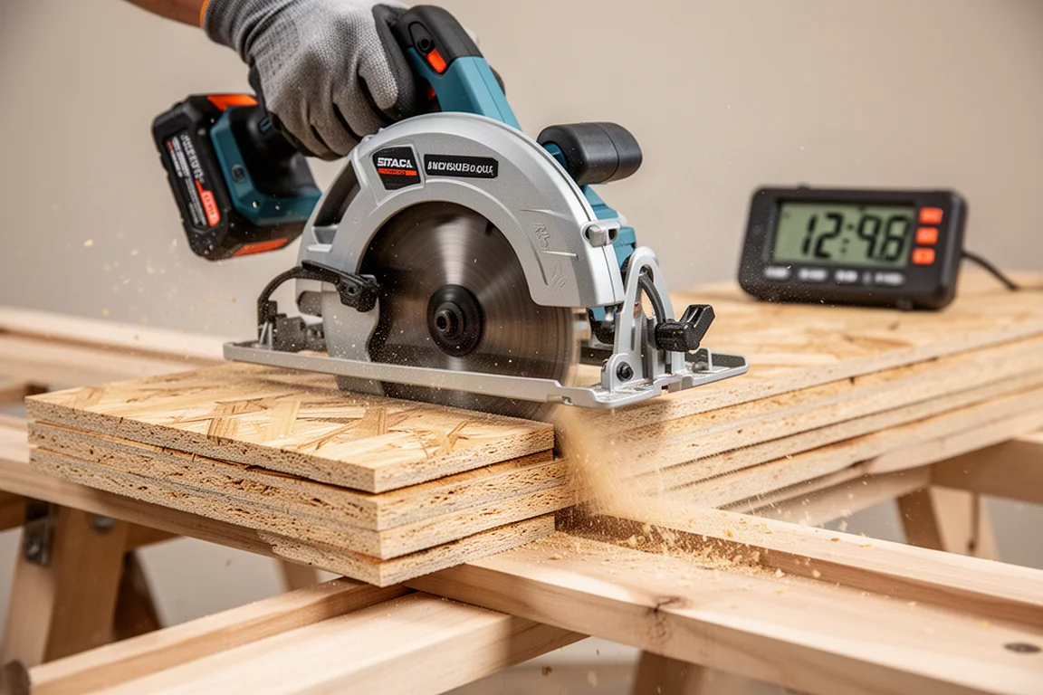 Cordless circular saw cutting through stacked OSB boards on a test track