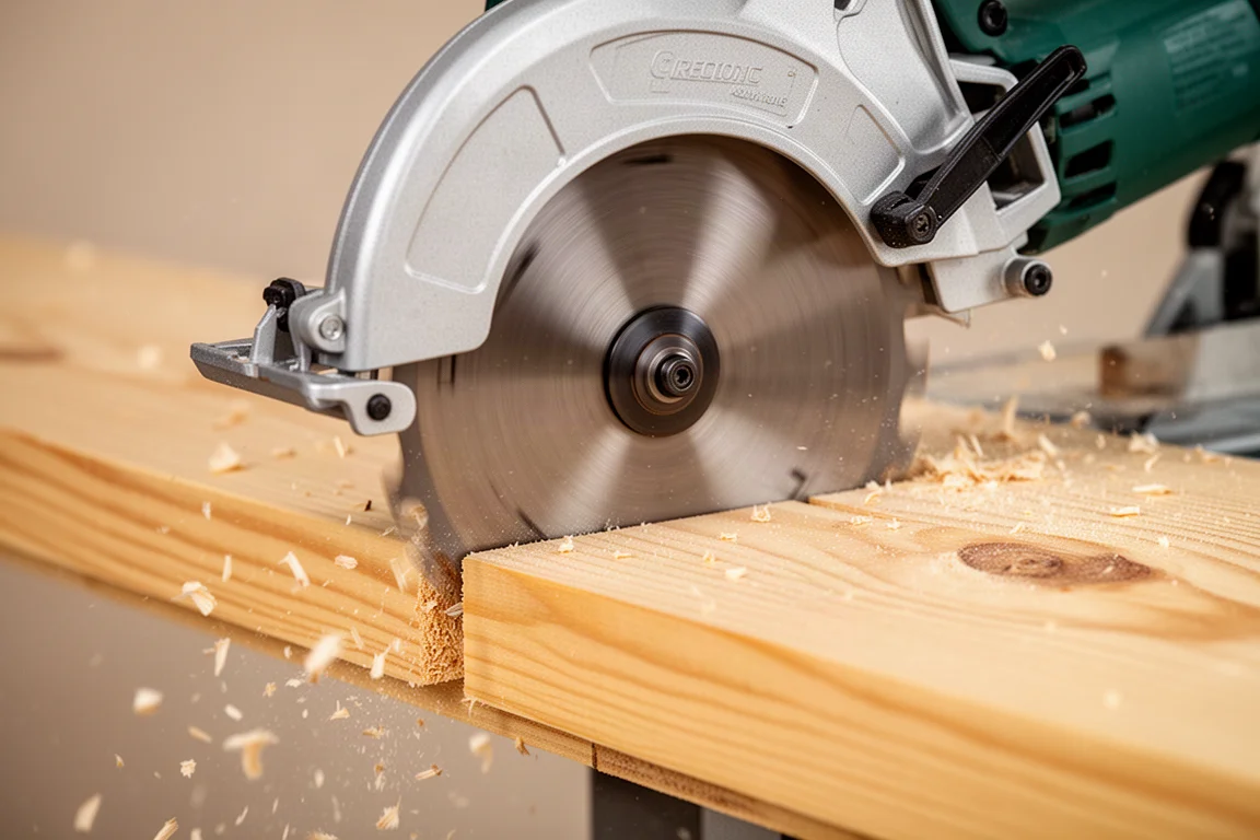 Close-up of a circular saw blade cutting through a 2x10 pine board