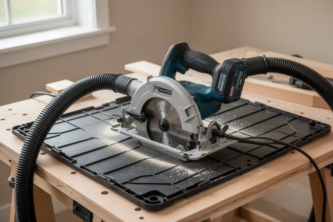 Cordless circular saw connected to a vacuum for dust collection testing