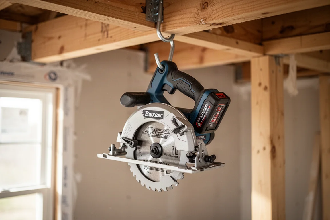 Cordless circular saw hanging from a rafter hook on a wooden beam