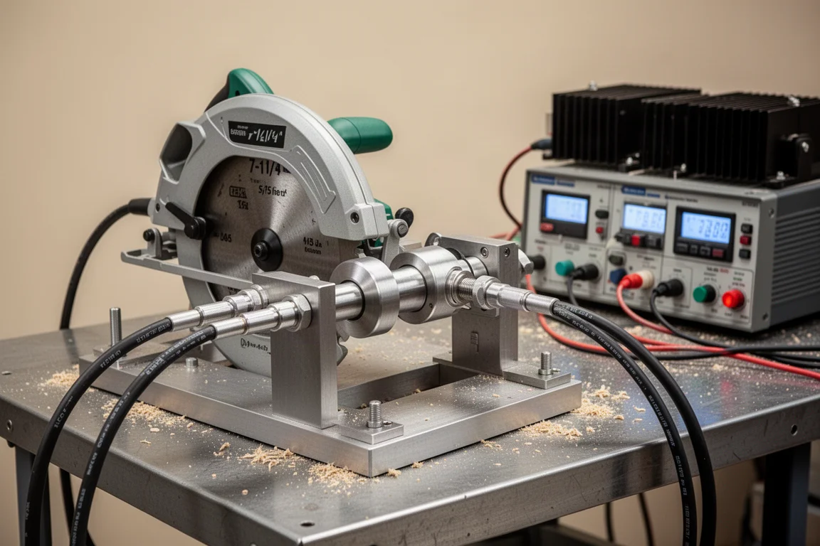 Banco de pruebas dinamométricas con una sierra circular sujeta a un rig de carga