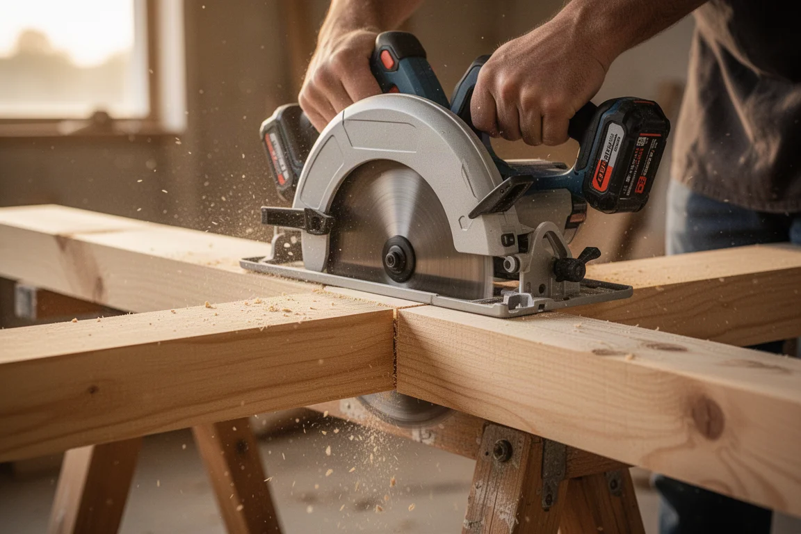 Sierra circular inalámbrica a mitad de corte en una tabla de madera dimensional gruesa