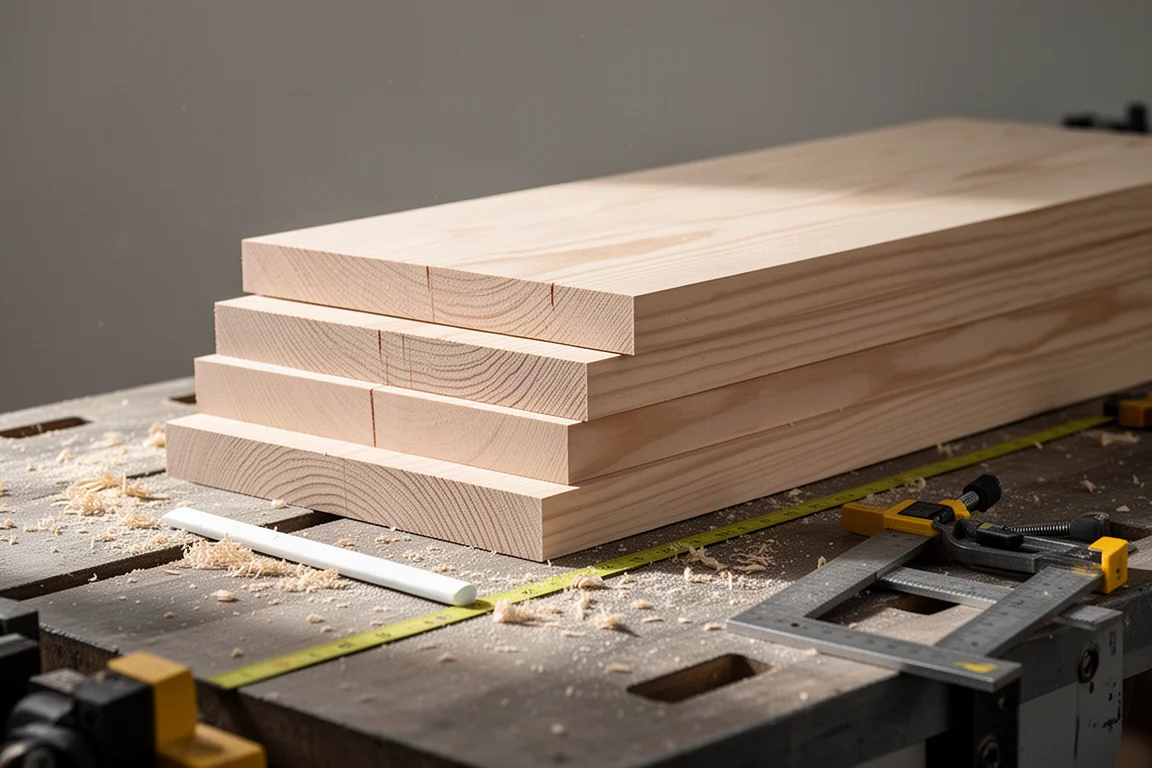 Pila de tablas de madera cortadas mostrando cortes longitudinales limpios en un taller
