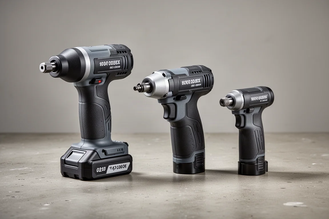 Three cordless die grinders arranged side by side on a concrete workshop surface