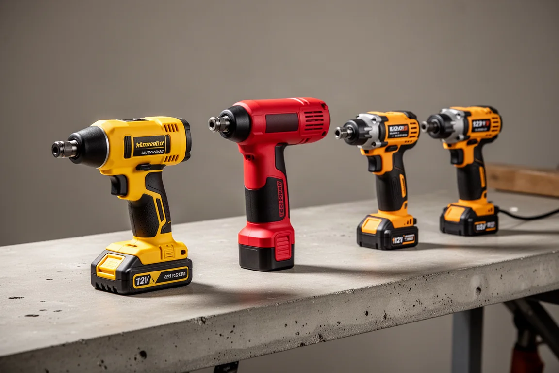 Lineup of cordless die grinders from multiple brands on a workbench