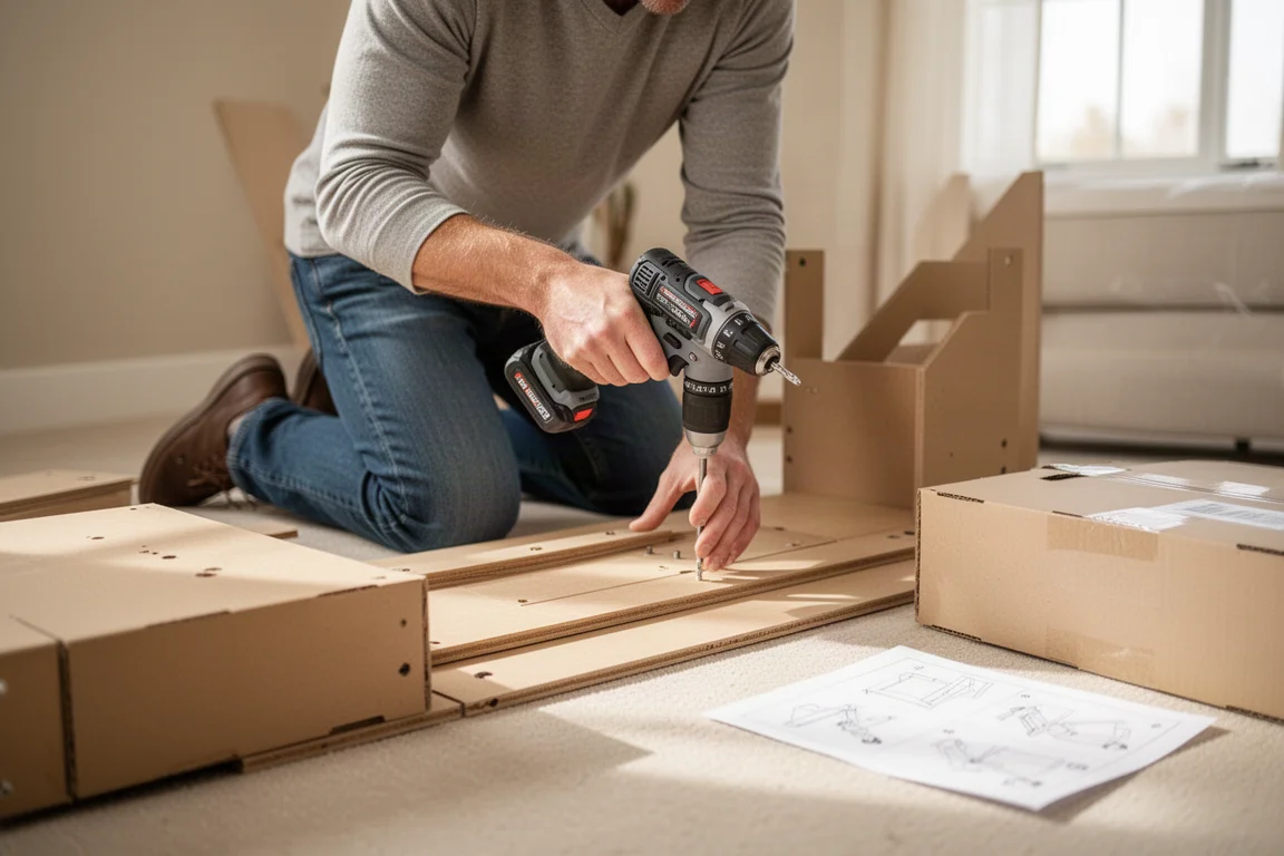 Proprietario di casa che assembla mobili con un trapano a batteria compatto in un soggiorno luminoso