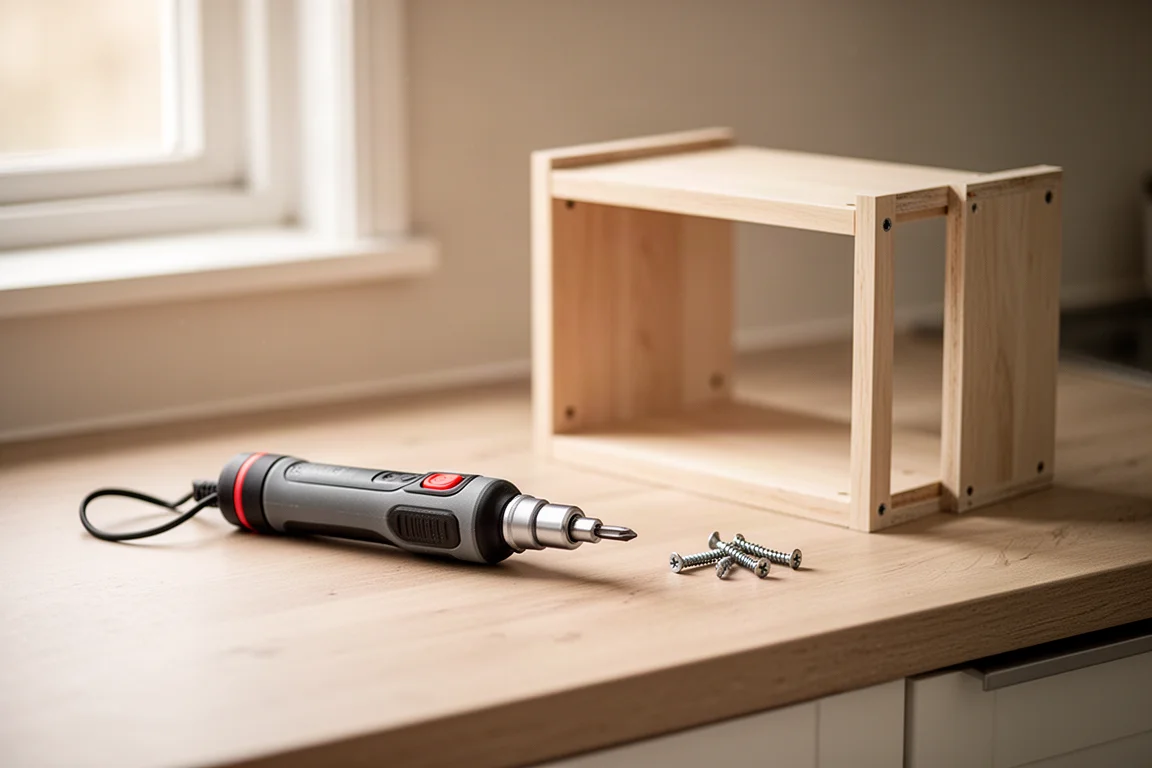 Piccolo avvitatore a batteria con testa orientabile su un piano da cucina accanto a una libreria flat-pack