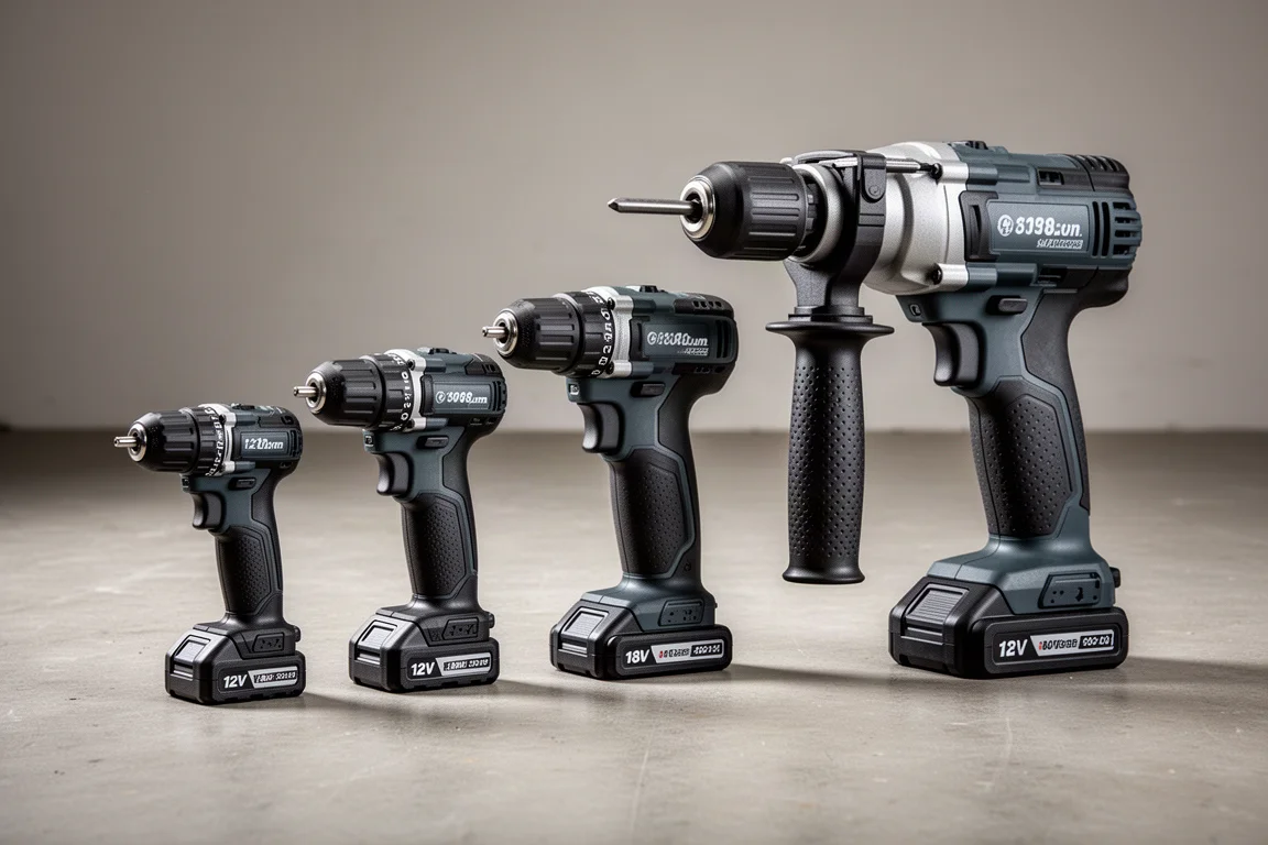Four cordless drills of increasing size lined up on a concrete floor