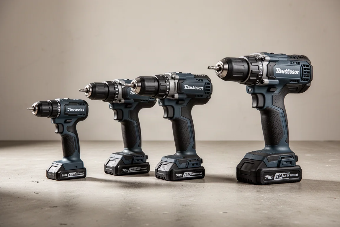 Three cordless drills of different sizes arranged on a concrete surface