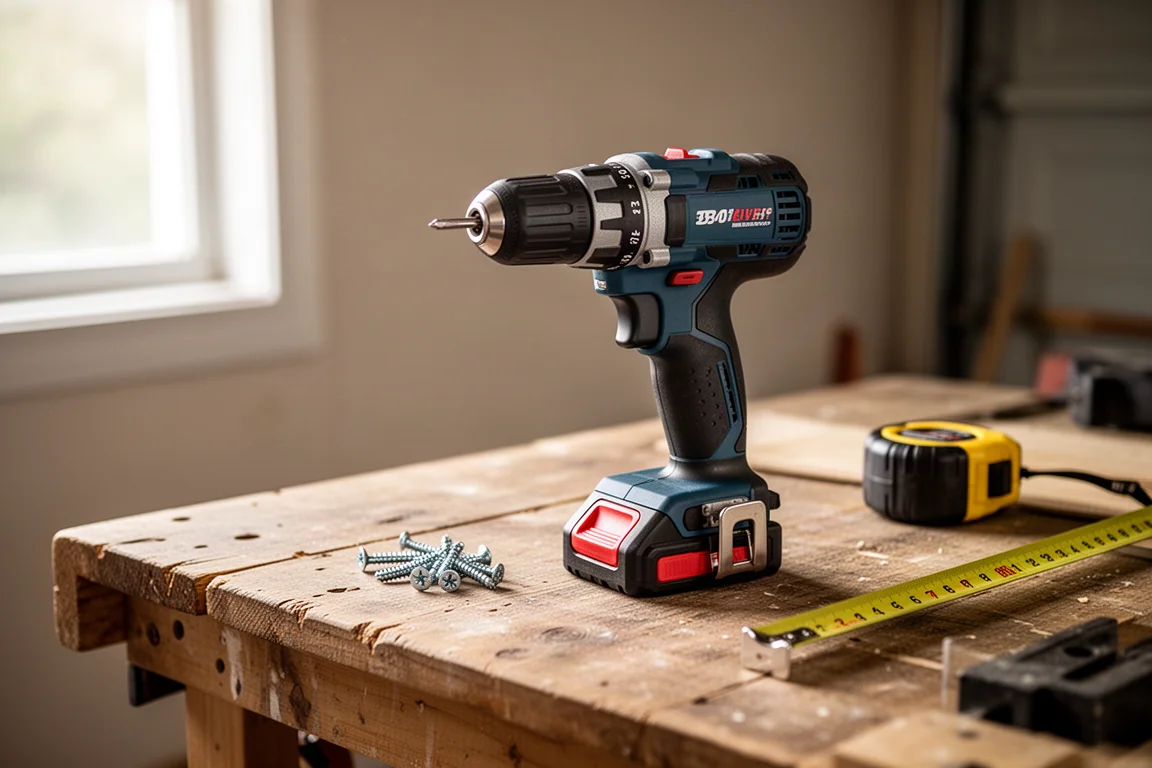 Perceuse sans fil posée sur un établi en bois dans un garage domestique