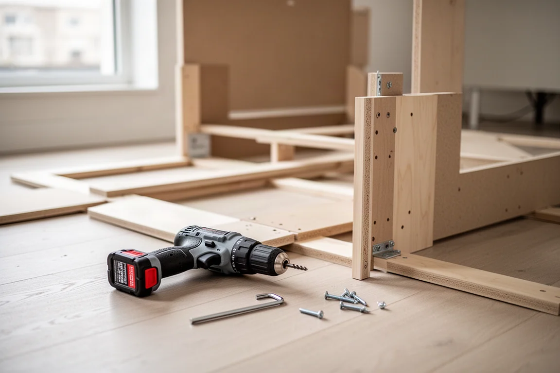Propriétaire assemblant des meubles en kit avec une perceuse sans fil en intérieur