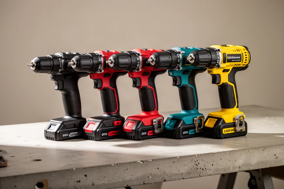 Five cordless drills of different sizes lined up on a concrete workbench