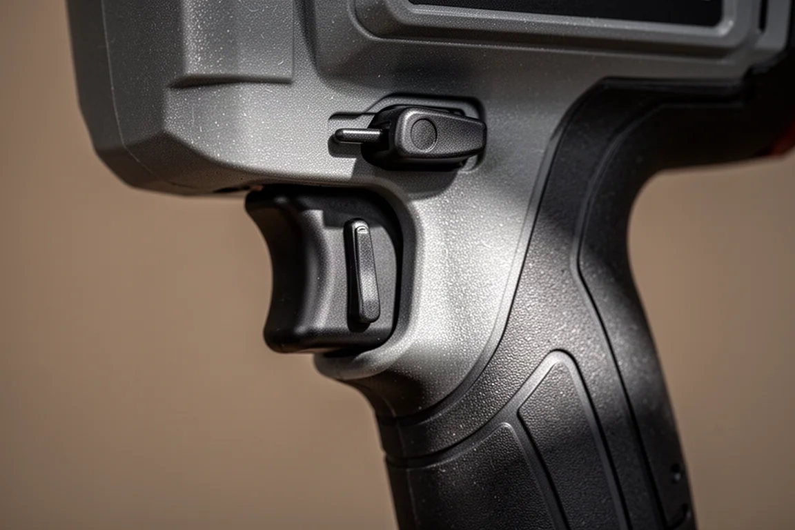 Närbild på en mekanisk avtryckarlås-strömbrytare som aktiveras på en spikpistol