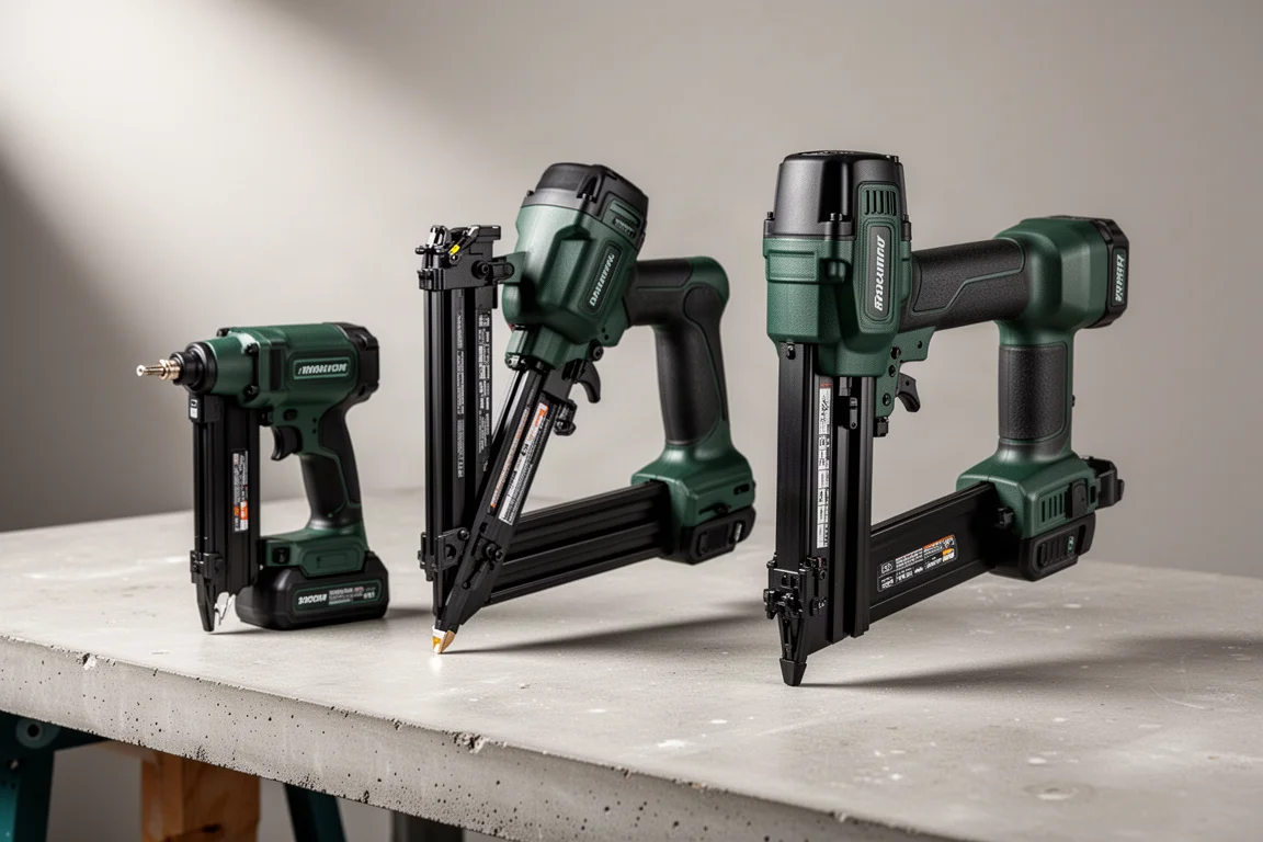 Three cordless finish nailers arranged on a concrete workbench