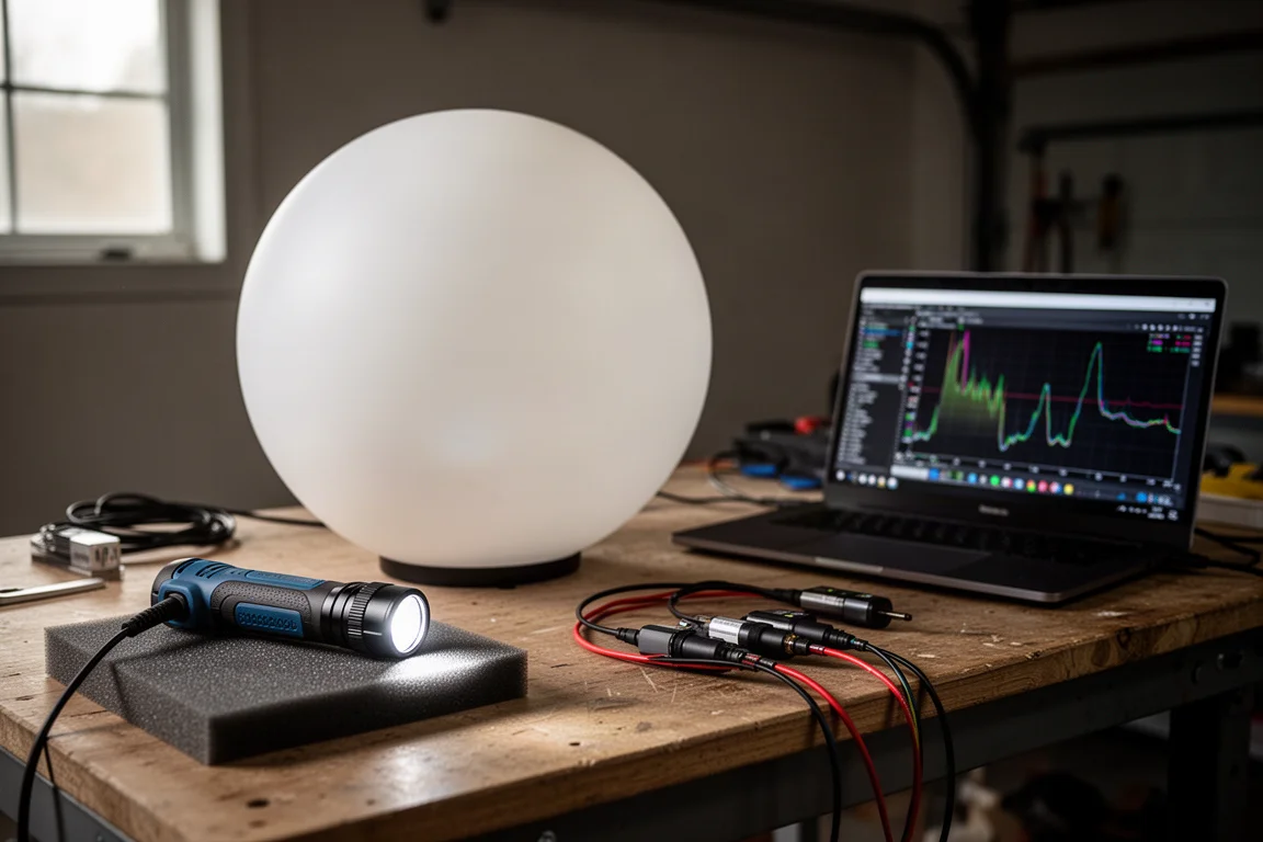 Esfera de medición de lumens y equipo de prueba instalados sobre un banco de taller