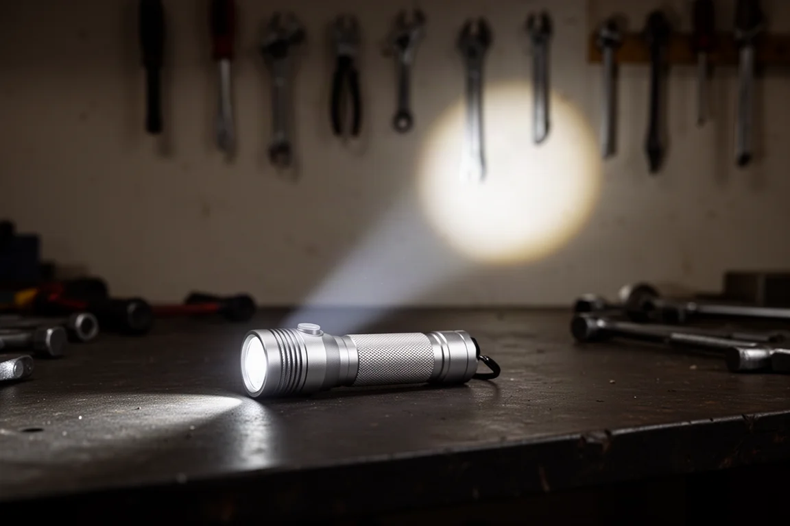 Foco de trabajo tipo flood de pie sobre una batería iluminando una zona de trabajo