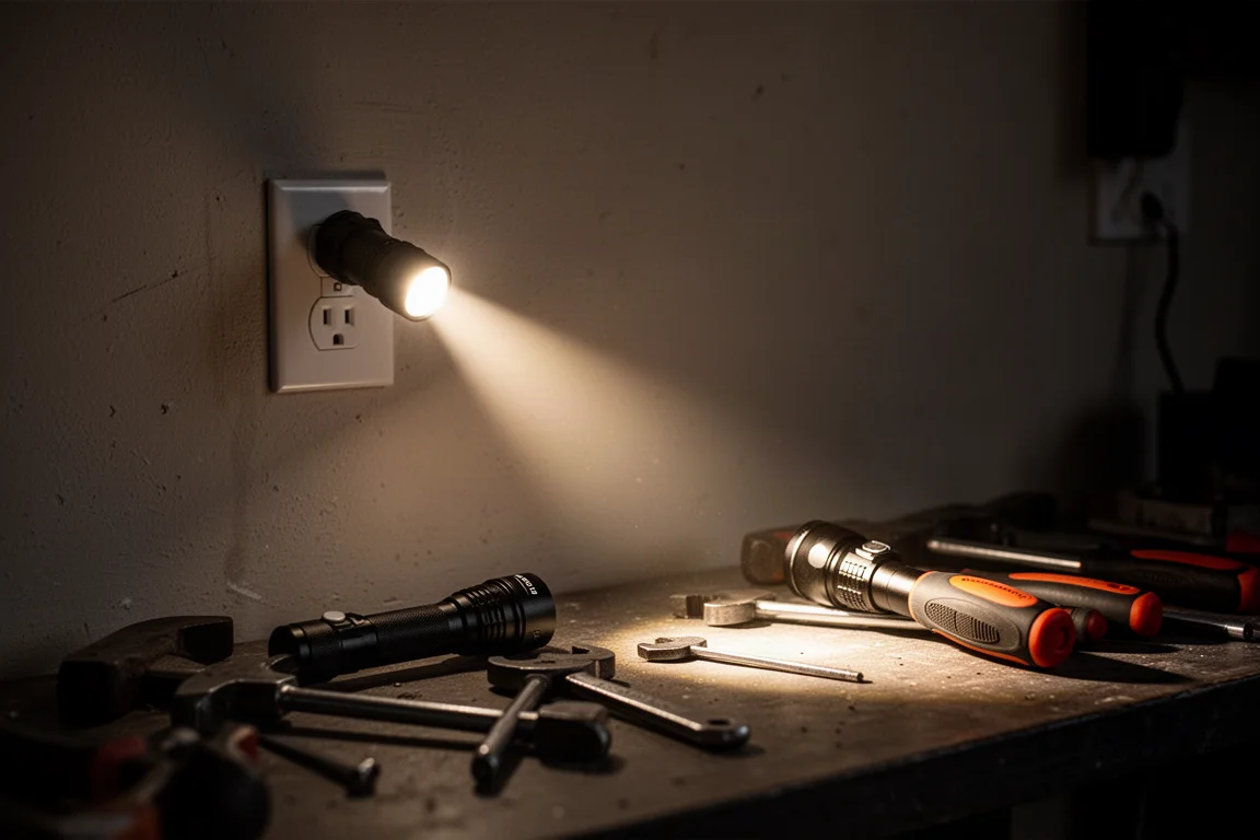 Una torcia illumina una presa elettrica in una stanza buia