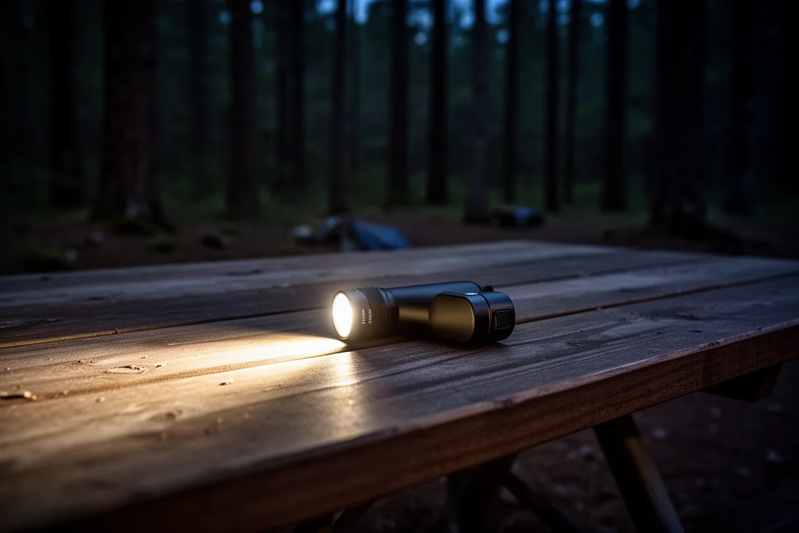 Torcia LED appoggiata su un tavolo al campeggio di notte