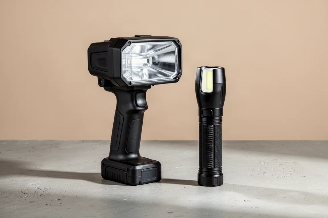 Milwaukee 探照燈與 Makita LED 電筒並排放於混凝土上