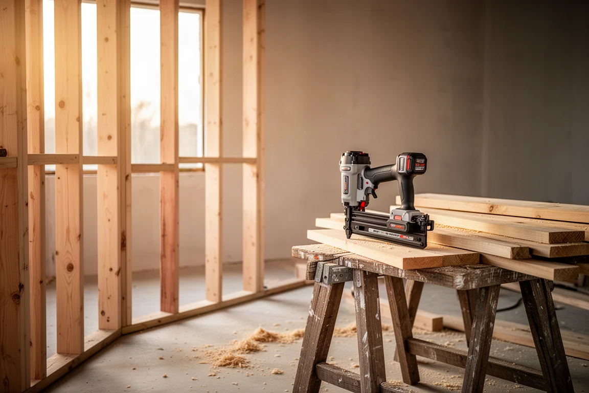 Framer driving nails into wall framing with a cordless nailer on a job site