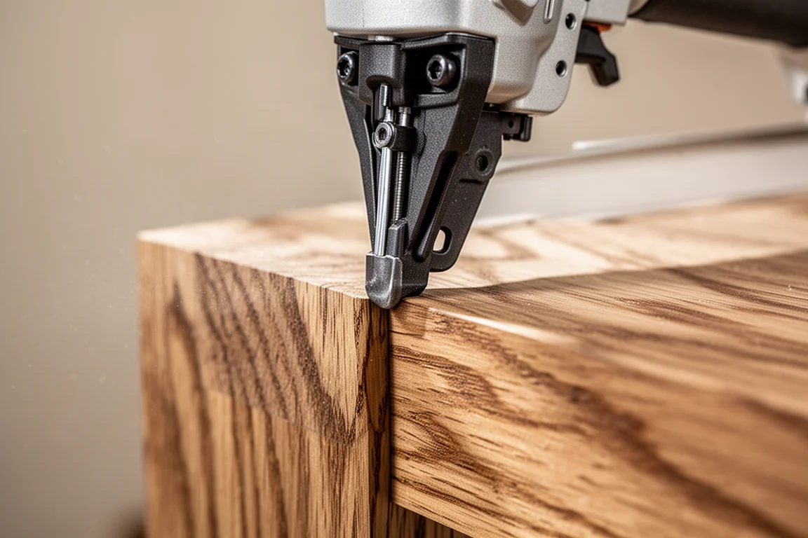 Close-up of framing nailer nose piece pressed against oak board during power test