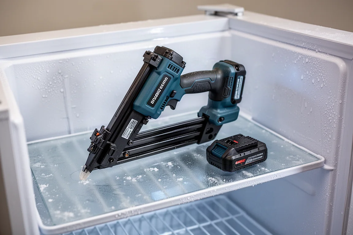 Frost-covered cordless nailer battery and nailer on a freezer shelf in cold test