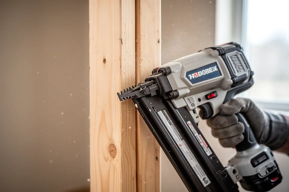 Carpenter toe-nailing at an angle inside a wall corner with a cordless nailer