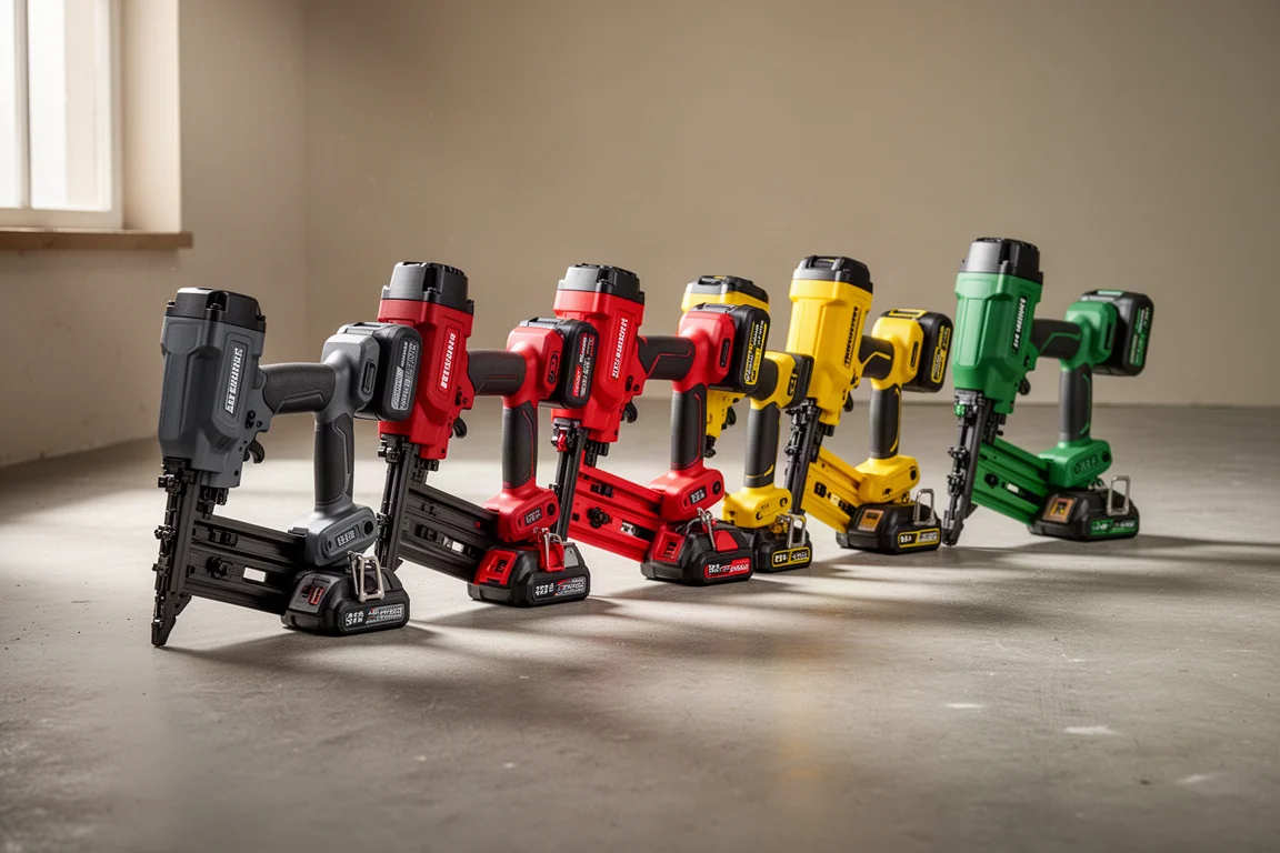 Six cordless framing nailers lined up on a concrete workshop floor