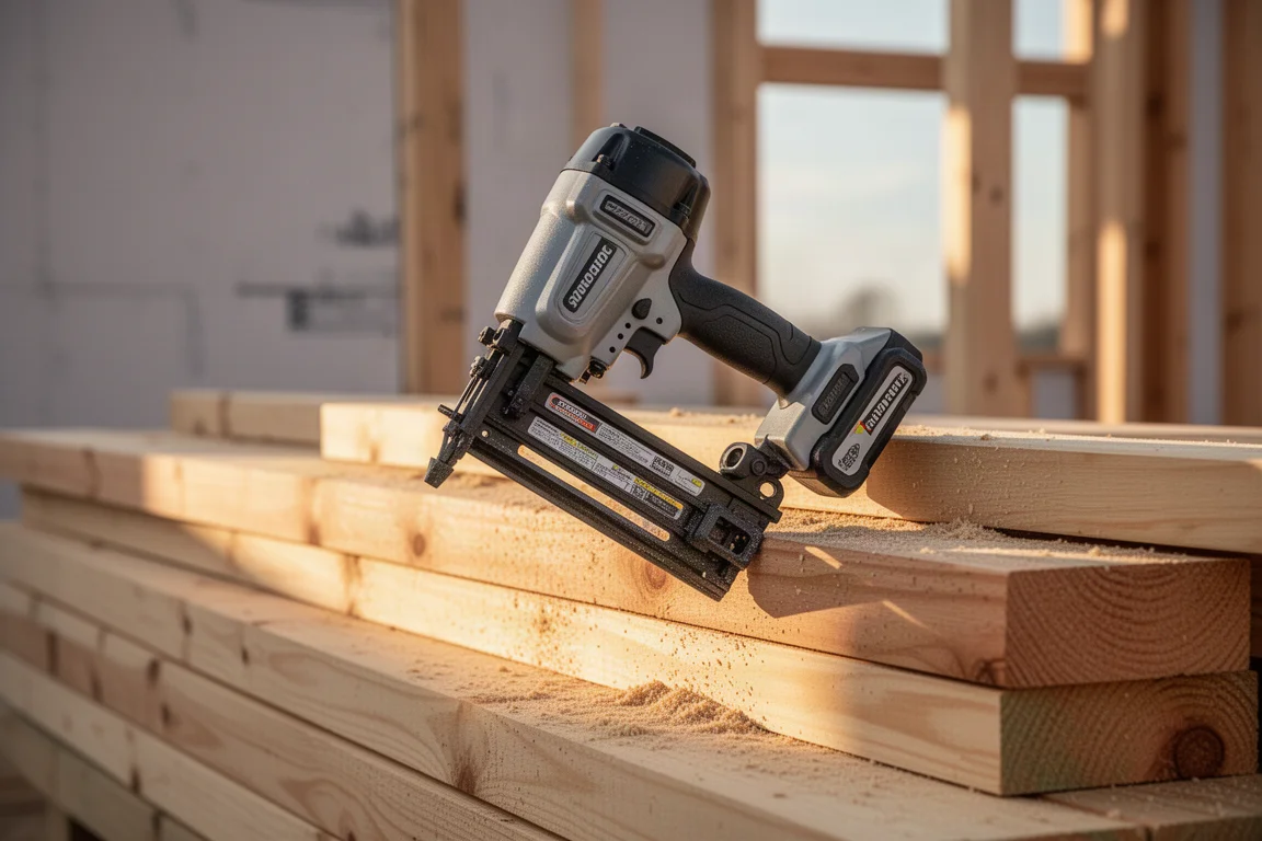 Chiodatore per carpenteria a batteria appoggiato su legname da costruzione in cantiere