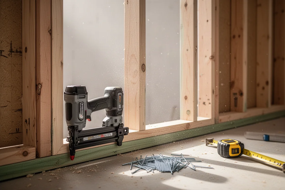 Carpentiere al lavoro su una struttura di parete con un chiodatore a batteria in cantiere