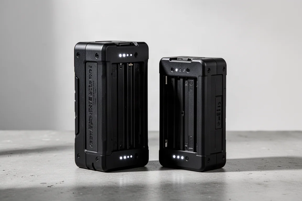 Deux batteries de perceuse sans fil côte à côte sur du béton