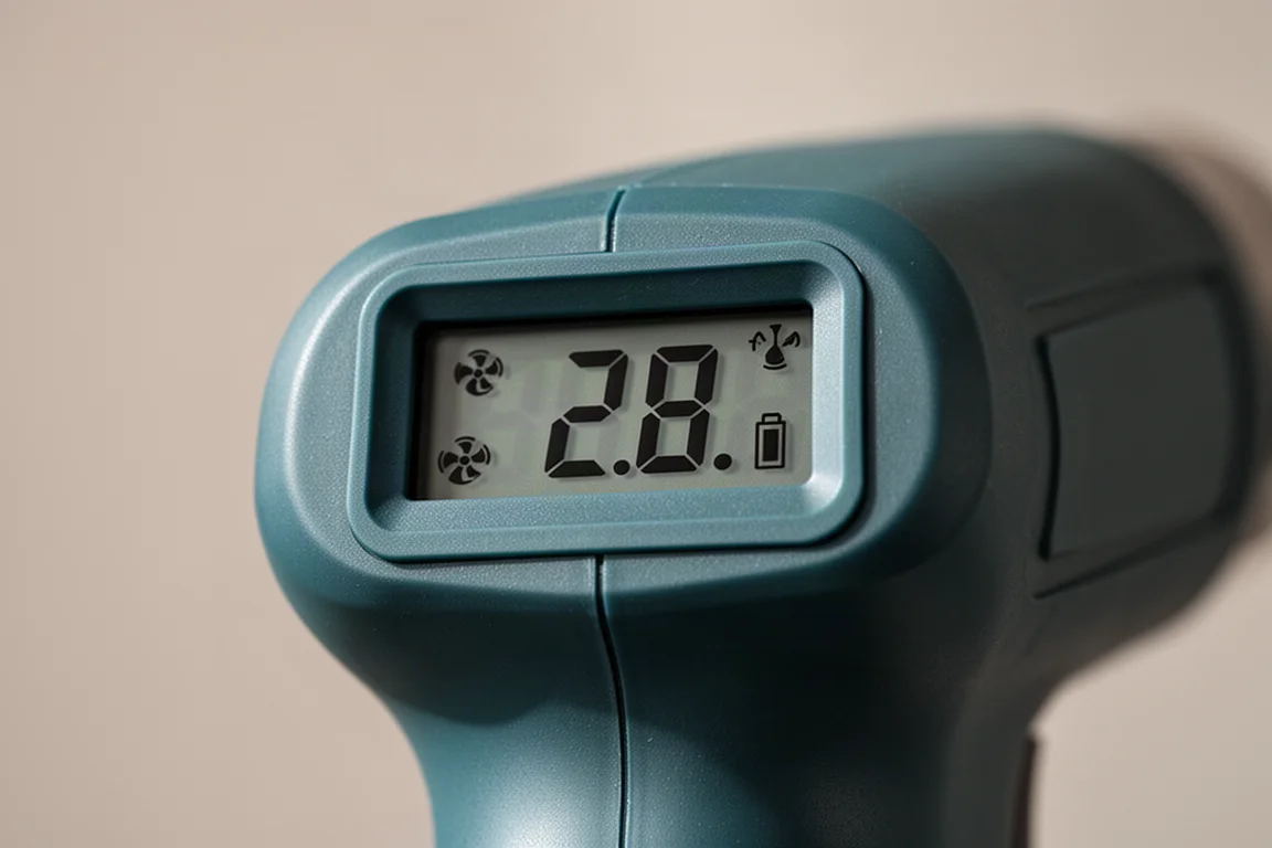 Display digitale sopra una pistola termica a batteria che mostra una lettura della temperatura