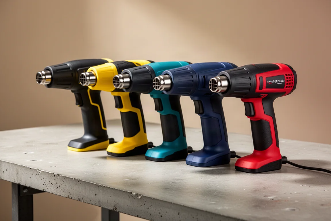 Four cordless heat guns lined up in a row on a workshop bench